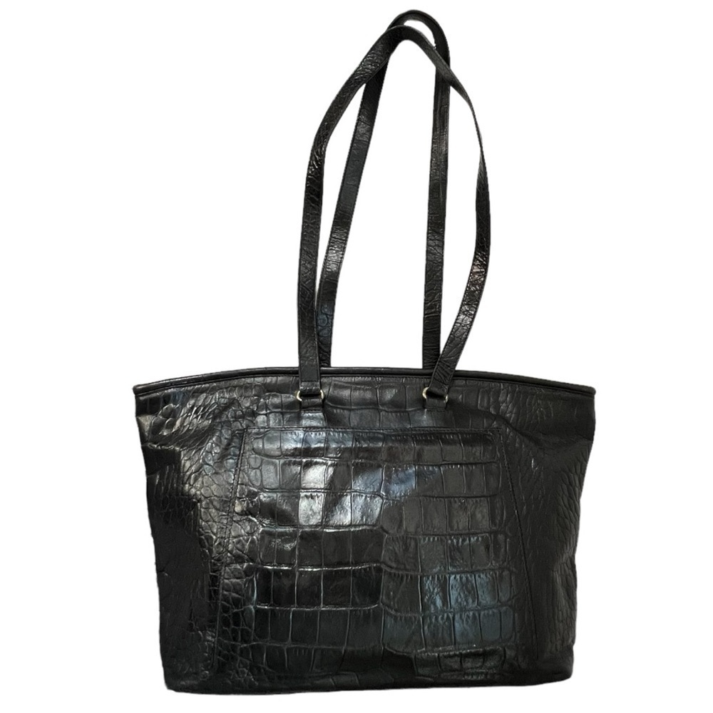Furla Black Croc Embossed Leather Shoulder Tote Made Italy Vintage Designer Bag